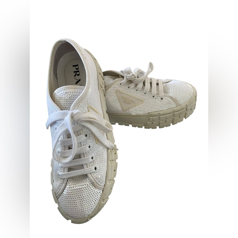 Prada White Sequin Platform Sneakers ✨
Size: 39.5 EU (fits approx US 9.5) - Picture 14 of 15